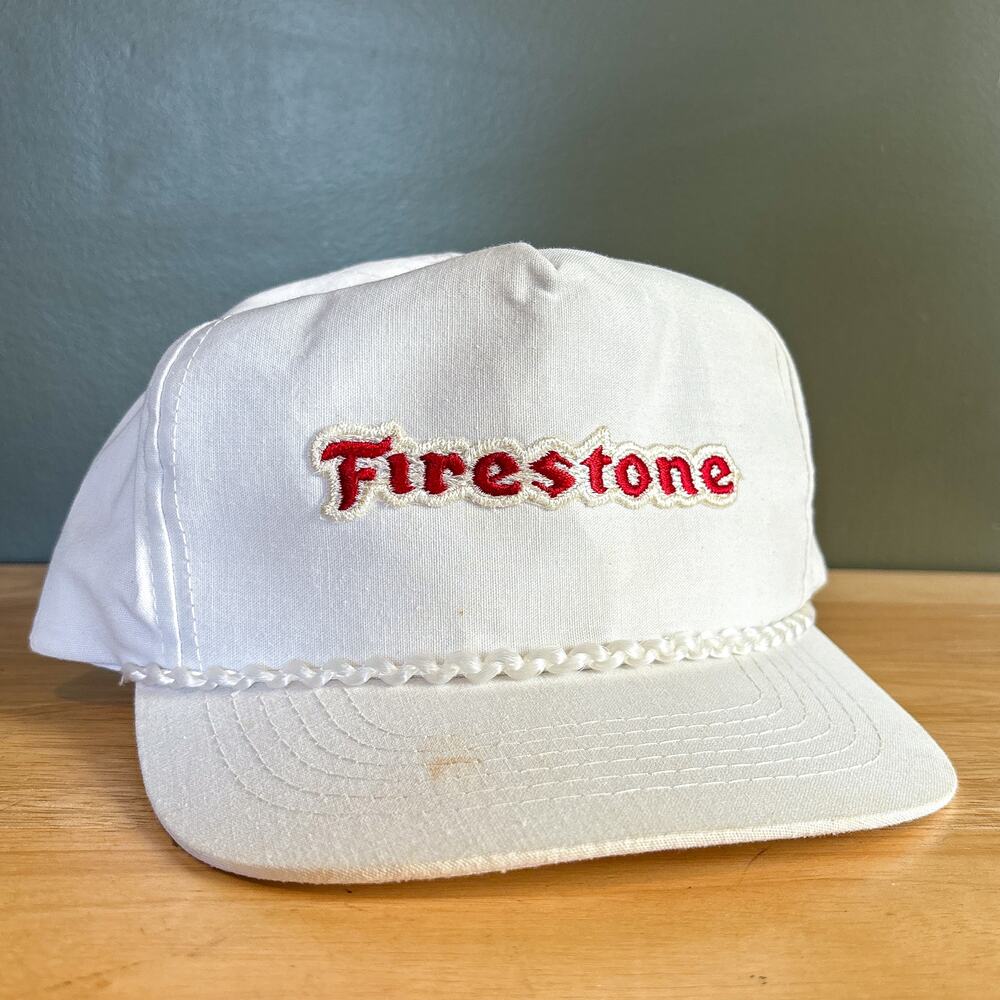 Vintage Firestone Tires Embroidered Logo White Rope Brim Snapback Hat